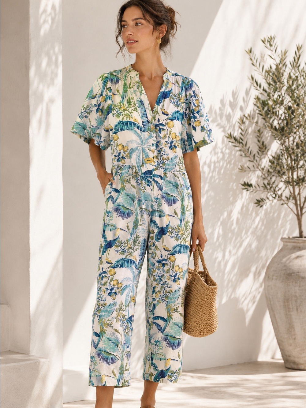 Banjanan Blue, Green & Yellow Botanical Print Jumpsuit